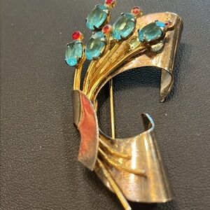 Coro Sterling bouquet of flowers with blue & red rhinestones. Vintage.